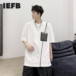 IEFB Men's Tee Tops Contrast Color Patchwork Single Pocket High Street Hip Hop Half Sleeve T-shirt Black White Causal 210524