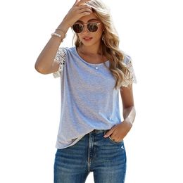 Grey T-Shirt Women's Spring Summer New Casual Solid Colour Slim Pullover Tops Loose O Neck Lace Short Sleeve Tee Shirt Femme 210412
