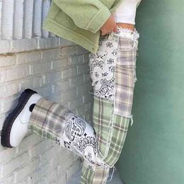 Waatfaak Streetwear E-girl Patchwork Jeans Women Cargo Green Pants Mom Y2K Jeans Baggy Graphic Checkerboard 90S Jean Mom Denim 210623