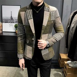 Men's Winter Fleece Suit Jacket High-quality Self-cultivation Warmth Fashion Casual Men's Clothing Plaid Mens Blazer Jacket 211120