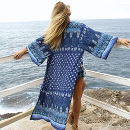 Bohemian Printed Cover-ups Sexy Summer Beach Dress Tunic Women wear Swimsuit Cover Up Bikini Wrap Sarongs #Q1028 210420