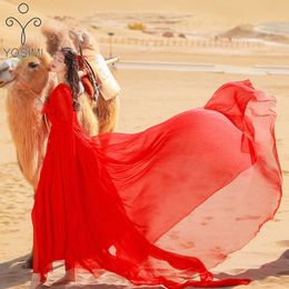 YOSIMI Floor-Length Red Long Women Dress Chiffon Summer V-neck Lantern Sleeve Fit and Flare Party Dresses Elegant 210604