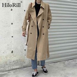 Women Solid Long Trench Coat Double Breasted Elegant Office With Belt Batwing Sleeve Casual Jacket Outerwear 210508