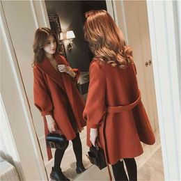 Autumn Winter Woolen Coats Women Korean Thick Warm Lapel Loose Lantern Long Sleeve Sashes Cardigans Outerwear Female 210522