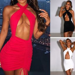 Hanging Neck Hollow Out Short Evening Dresses Sleeveless Backless Drawstring Pleated Bandage Dress High Quality