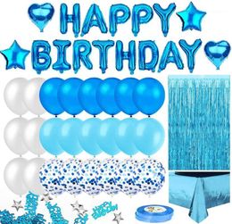 Blue Birthday Decoration For Boys, Happy Banner, Foil Fringe Curtain Tablecloth, Heart Star Confetti Balloons With 10g