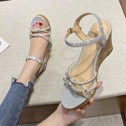 silver wedges for women UK - Sandals Crystal Platform Women 2021 Summer Ankle Strap Wedge Sandalias Mujer Gold Silver Party Shoes Heels