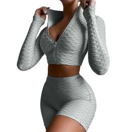 Women Two Piece Pants Sexy Outfits Textured Tracksuit Long Sleeve Zip Tops Shorts Workout Sport Gym Activewear Sets