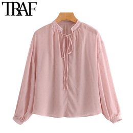 TRAF Women Fashion Semi-Sheer Loose Chiffon Blouses Vintage Long Sleeve With Lining Female Shirts Blouses Chic Tops 210415