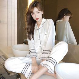 2 Piece Set Sexy Womens Silk Satin Pajamas Set Long Sleeve Sleepwear Autumn Pyjamas Suit Sleep Set Loungewear Q0706