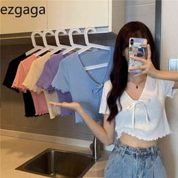 Ezgaga Summer T Shirts Women Korean Fashion Short Sleeve Lace-up Bow V-Neck Chic Knit Crop Tops Solid Stretch Ins Casual Tshirts 210430