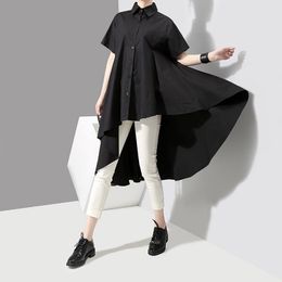 Women's Blouses & Shirts Self-design Female 2021 Korean Summer Turn Down Neck Short Sleeve Blouse Loose Black Long Irregular Chic Tops