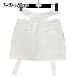 Casual Solid Skirt For Women High Waist Patchwork Hollow Out Lace Up Mini Skirts Female Summer Fashion Stylish 210521