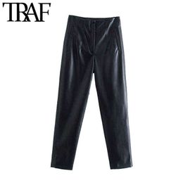 TRAF Women Fashion Front Welt Pockets Faux Leather Pants Vintage High Waist Zipper Fly Female Ankle Trousers Mujer 211124