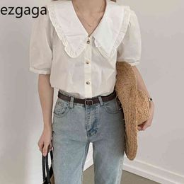 Ezgaga Sweet Blouse Women Short Sleeve Summer New Korean Fashion Solid Single-breasted Loose White Shirts Female Elegant 210430