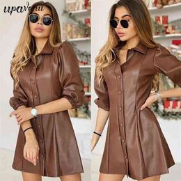 Free Spring Women's Leather Dress Lapel Sleeve Single Breasted Slim A-line Celebrity Club Party Vestidos 210524