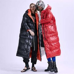 XS-7XL plus size Winter two sides wear thicker warm Down Coat X-Long 90% White Duck Female Hooded Outwear Parkas F123 211008