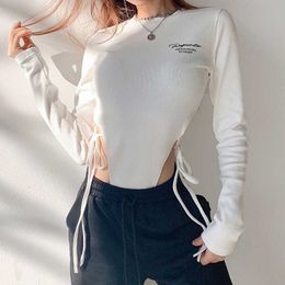 Ribbed Casual Lace Up Letter Print High Waist White Top Bodysuit Women Long Sleeve Skinny Body Shirt Ladies Autumn Body Suits 210709