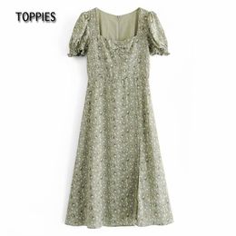 Toppies Green Flower Dress Summer Woman Midi Dress Sexy Short Sleeve Square Collar Vacation Dress 210412