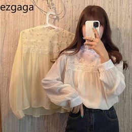 Ezgaga Embroidery Floral Blouse Women Lace Patchwork Korean Chic Spring Fashion Long Sleeve Loose Ladies Shirts Sweet 210430