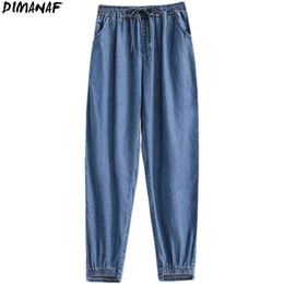 DIMANAF Women Jeans Pants High Waist Denim Harem Female Elastic Drawstring Pockets Blue Trousers Fall Solid Basic 211129