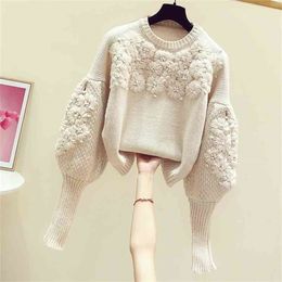 autumn and winter Korean lazy style lantern sleeve pullover sweater three-dimensional flower embroidery knitted women 210416