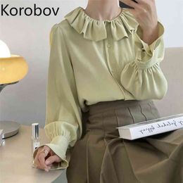 Korobov Women Blouses Summer New Arrival Flare Sleeve Ruffles O Neck Chiffon Shirts Female Elegant Solid Blouse 210430