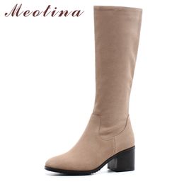 Winter Knee High Boots Women Cow Suede Zipper Thick Heel Long Real Leather Square Toe Shoes Female Size 34-39 210517