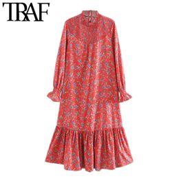 TRAF Women Chic Fashion Floral Print Ruffled Midi Dress Vintage High Collar Long Sleeve Female Dresses Vestidos Mujer 210415