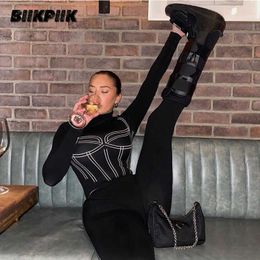 BIIKPIIK Bodycon Skinny Sporty Two Piece Sets Print Striped Female Casual Lounge Wear Long Sleeve Autumn Basic All-Match Suits Y0625