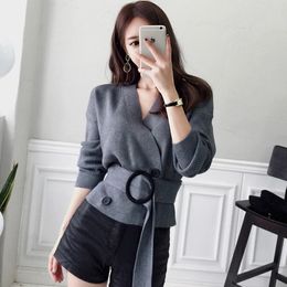 Fashion Designer V-neck Cardigans Solid Colour Double-breasted Basic Female Sweater Long Sleeve Button Women Sashes Coat 210416