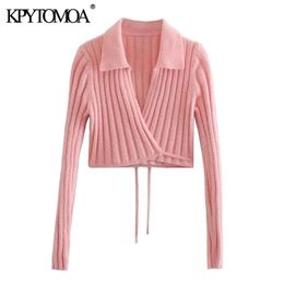 KPYTOMOA Women Fashion With Tied Wrap Cropped Knitted Cardigan Sweater Vintage Long Sleeve Female Outerwear Chic Tops 211018