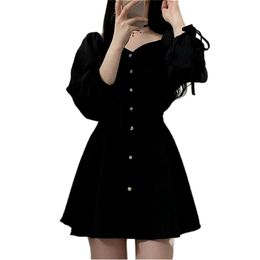 Dress Women Vestidos Vintage Solid Daily Empire Elegant Black BF Oversized Classy Retro Fashion Charm Female Clothes Long Sleeve 210520