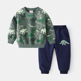 Casual Children's Sports Suit Spring Boy Dinosaur Print Sweater + Sweatpants Set Cute Loose Kids Clothing 2Pcs 210515