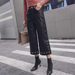 Autumn Winter British Style Women PU Leather Trousers Casual Mid Waist Streetwear Capris Chic Safari Loose Helen Straight Pants Q0801