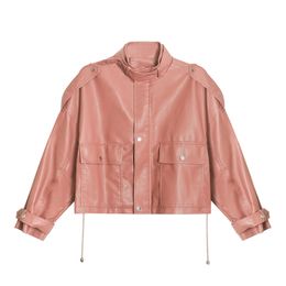 Women Pink Button Zipper PU Leather Jacket Stand Collar Pocket Loose Short C0521 210514