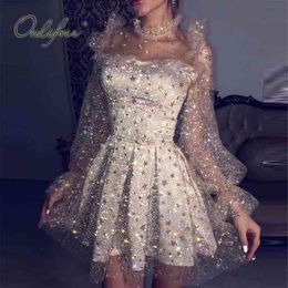 Summer Women Sexy Mini Party Long Sleeve See Through Mesh Sequin Short Dress 210415