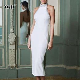White Sexy Backless Dress For Women Halter Sleeveless High Waist Patchwork Pearl Slim Midi Bodycon Dresses Female Summer 210531