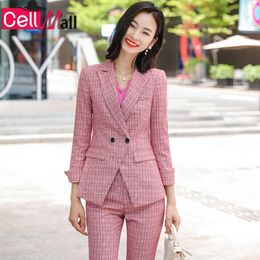 High Quality Fabric Elegant Plaid Formal Women Business Suits With Pants And Jackets Coat Autumn Winter Ladies Office Blazers Women's Two Pi