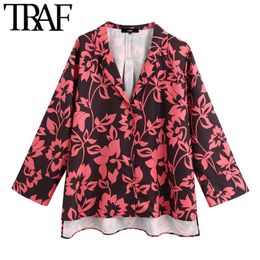 TRAF Women Fashion Floral Print Irregular Loose Blouses Vintage Long Sleeve Side Vents Female Shirts Blusas Chic Tops 210415