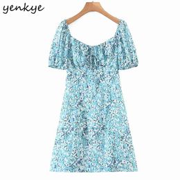 Multicolor Print Summer Dress Sweet Women Sexy Square Neck Short Sleeve High Waist A-line Mini Holiday Robe 210514