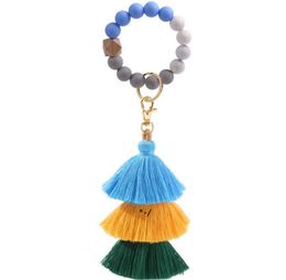 NEWBeaded Keychain Party Favor Leather tassel wood bead key-chain Beads tring Key Ring Chain Silicone Women Wrist Strap Bracelet RRE10735