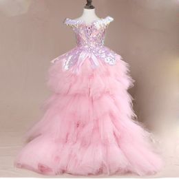 Flower Dress Children Wedding Bridemaid Sequined Ball Gown Dresses Kids Pink Tutu Sequin Gowns Girl Boutique Party Pageant Elegant 403