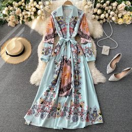 SINGREINY Retro Print Maxi Dress Women Chic Turn-down Collar Button A-line Dress Autumn Korean Boho Floral Court Wind Long Robe 210419