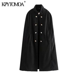 Women Fashion Metal Buttons Loose Woolen Cape Coat High Neck Side Pockets Female Outerwear Chic Overcoat 210420