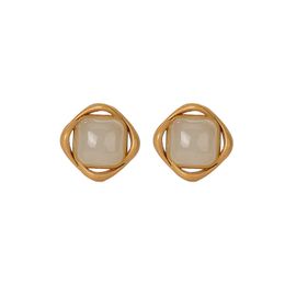 S925 sterling silver gold-plated natural Hetian jade ear studs refined Personalised simple spiral geometric women's earrings