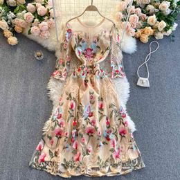 SINGREINY High Quality Mesh Embroidery Dress Chic Korean Long Sleeve A-line Dress Spring Fashion Streetwear Midi Dress New 210419