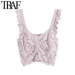 Women Fashion Floral Embroidery Cropped Knitted Tank Tops Vintage Wide Straps With Ruffles Female Camis Mujer 210507