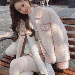 Winter Sweet Pink Two Piece Sets Korean Style Stitching Thick Lamb Wool Coat+plaid Printing Short Skirt Suit Streetwear Suit 211119