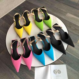 Arrivals Pointed Toe Women Sandals Candy Colour Back Strap Elastic Band Slides Yellow/Green/Pink/Blue/Black Dress Shoes 210513